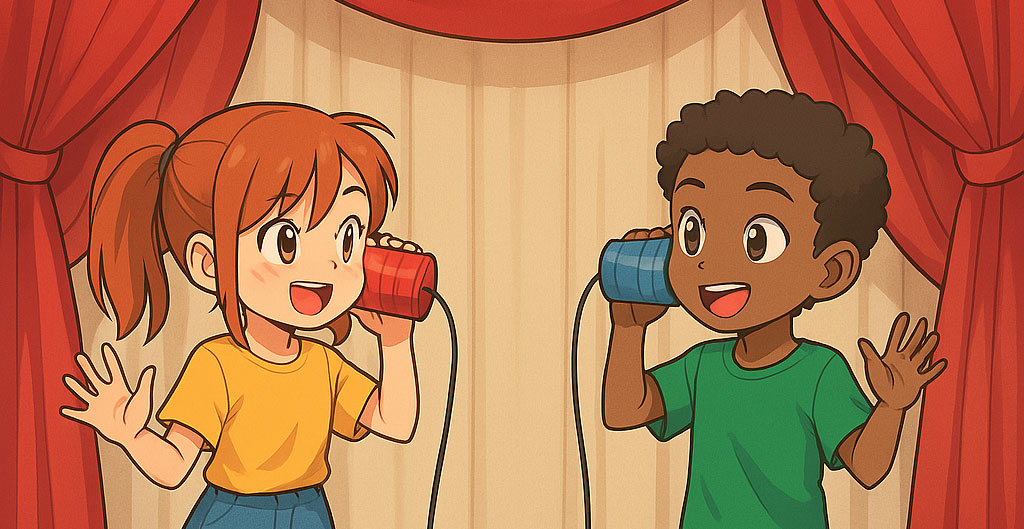 Image of two kids on a stage talking through cans connected by a cable