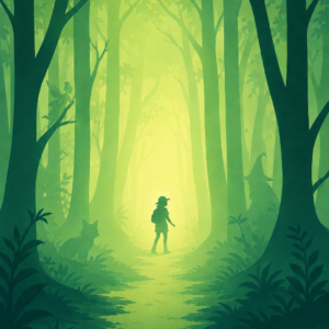 Ilustración de la obra de teatro escolar "Misterio en el Bosque" para Educación Primaria.