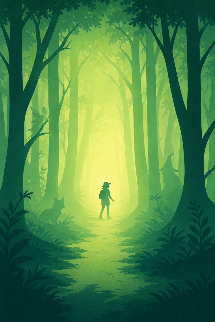 Ilustración de la obra de teatro escolar "Misterio en el Bosque" para Educación Primaria.